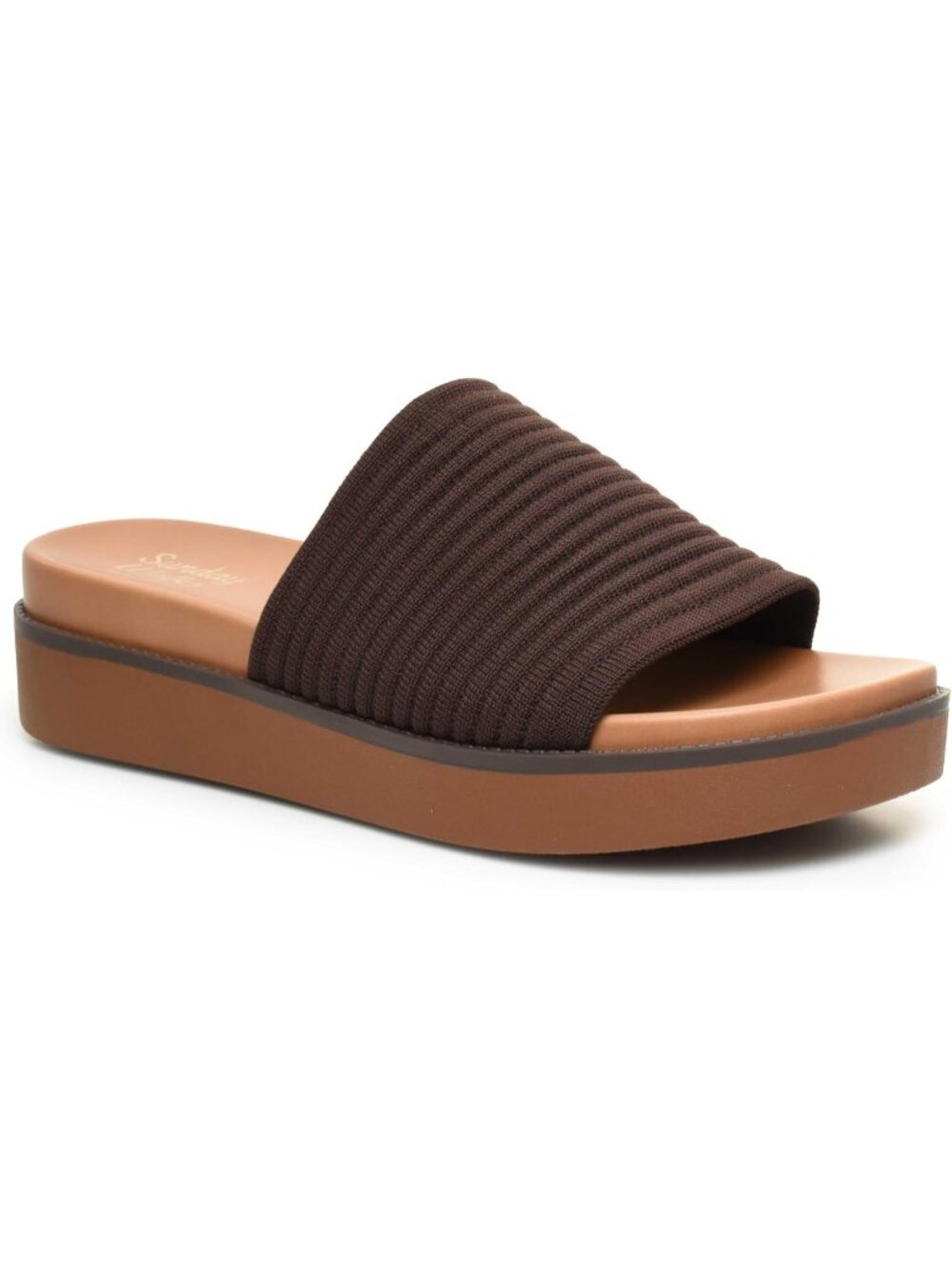 Women’s Brown Platform Slide Sandal Ribbed Knit Upper Cushioned Lightweight